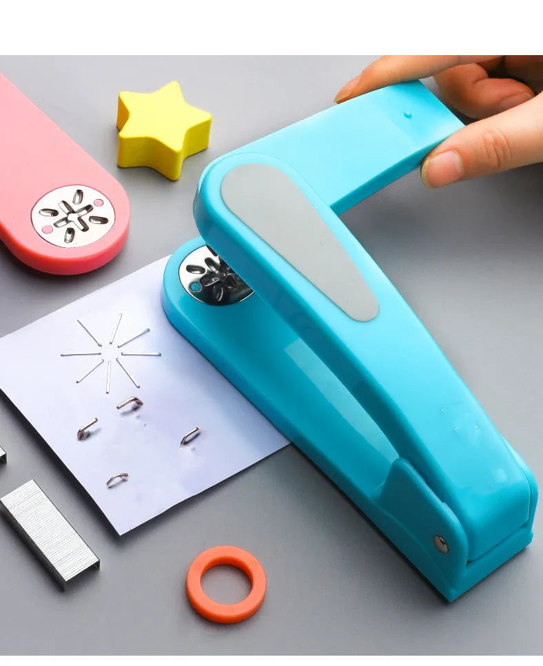 360-degree rotatable desk stapler in blue showing eight binding direction indicators