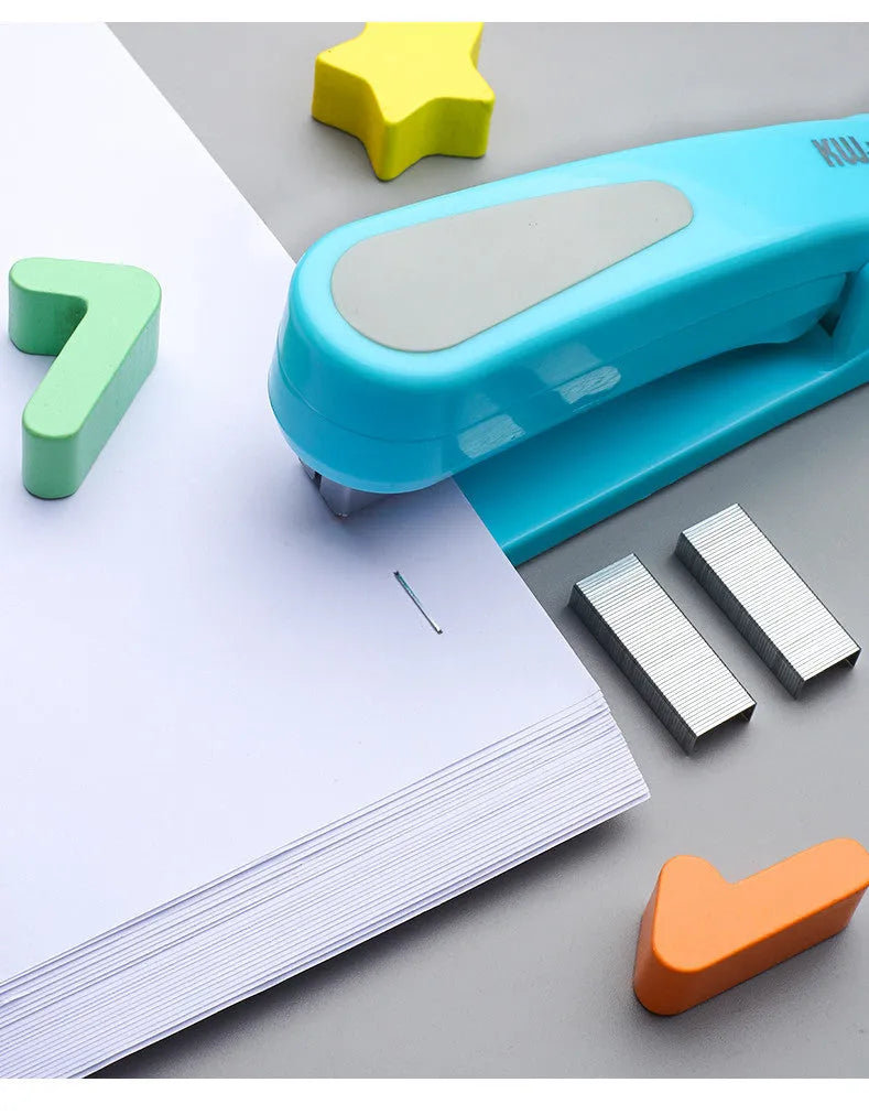 360-degree rotatable desk stapler in blue showing eight binding direction indicators