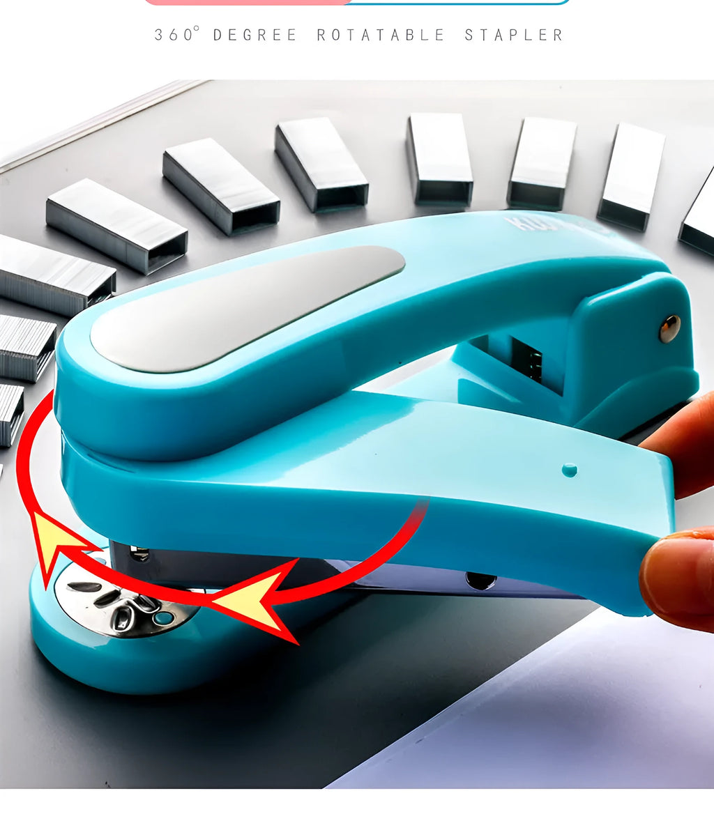 360-degree rotatable desk stapler in blue showing eight binding direction indicators
