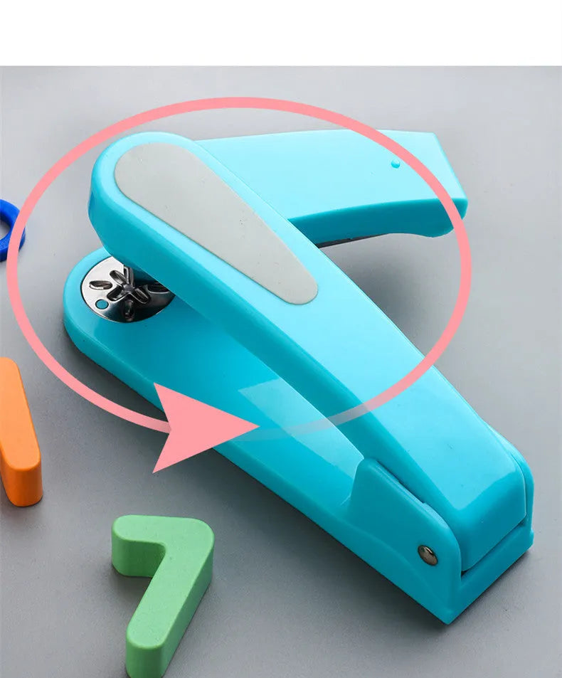 360-degree rotatable desk stapler in blue showing eight binding direction indicators