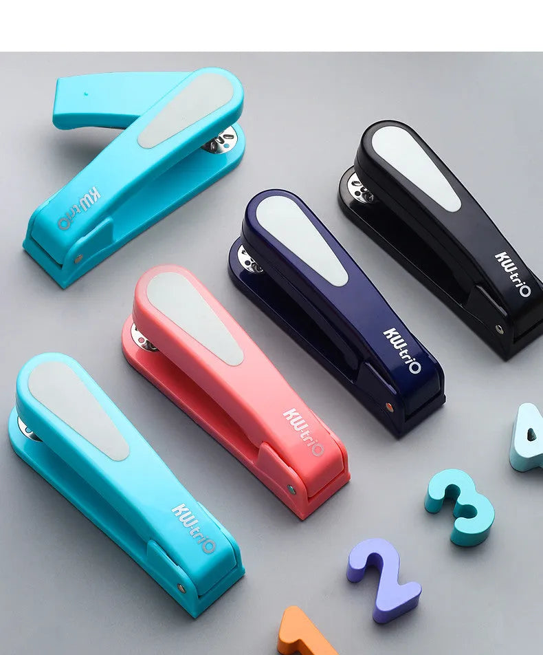 360-degree rotatable desk stapler in blue showing eight binding direction indicators