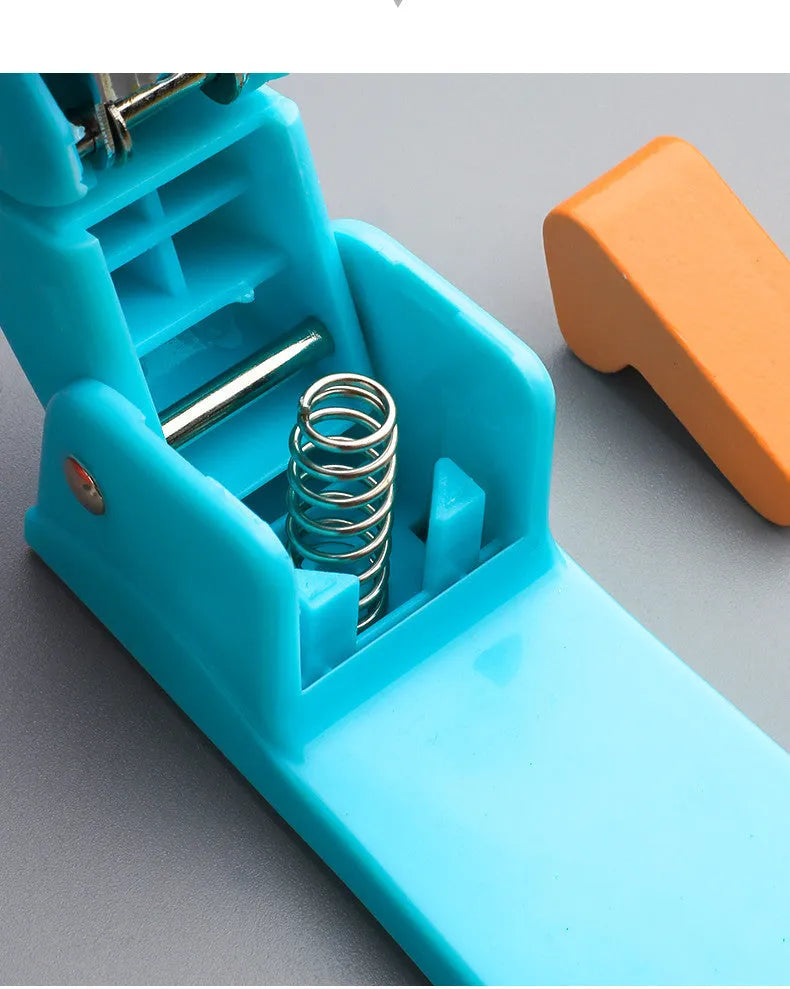 360-degree rotatable desk stapler in blue showing eight binding direction indicators