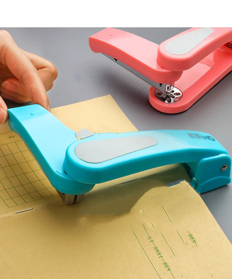 360-degree rotatable desk stapler in blue showing eight binding direction indicators