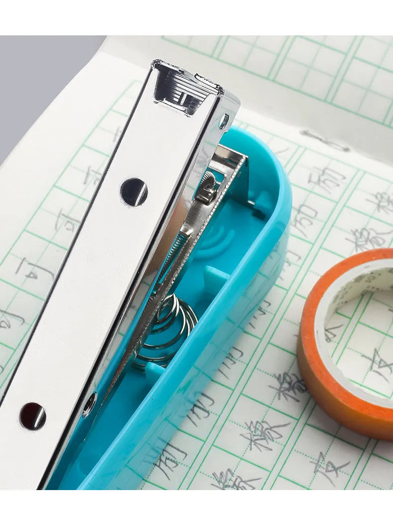 360-degree rotatable desk stapler in blue showing eight binding direction indicators