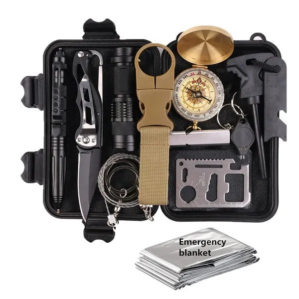Black stainless steel survival kit box open to show 13 emergency tools including flashlight, compass, and survival blanket