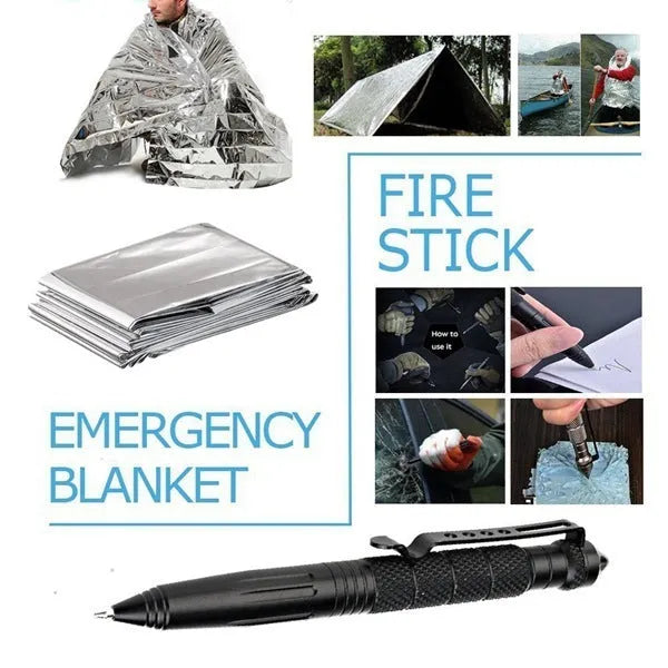 Black stainless steel survival kit box open to show 13 emergency tools including flashlight, compass, and survival blanket