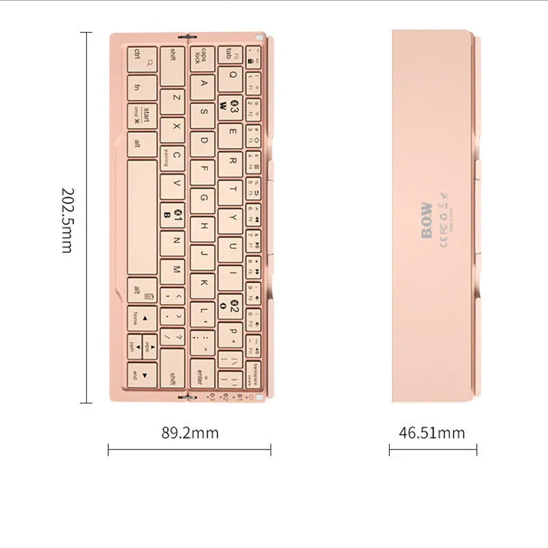 Silver white folding Bluetooth keyboard open beside smartphone showing aluminium stand