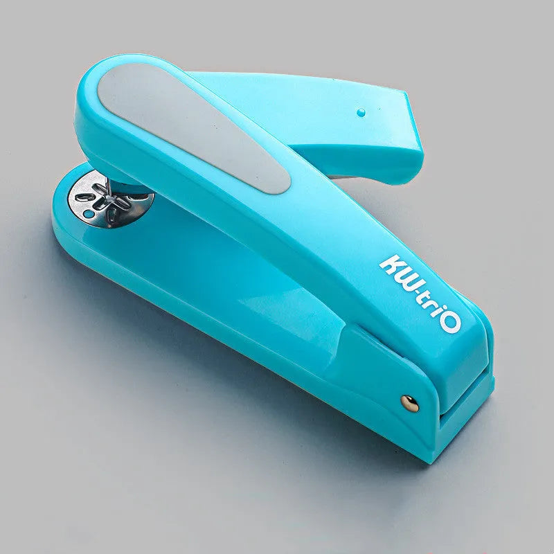 360-degree rotatable desk stapler in blue showing eight binding direction indicators