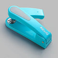 360-degree rotatable desk stapler in blue showing eight binding direction indicators