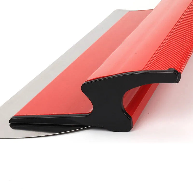 Red 40cm leveling scraper with steel blade for putty application and wallpaper work