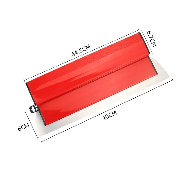 Red 40cm leveling scraper with steel blade for putty application and wallpaper work