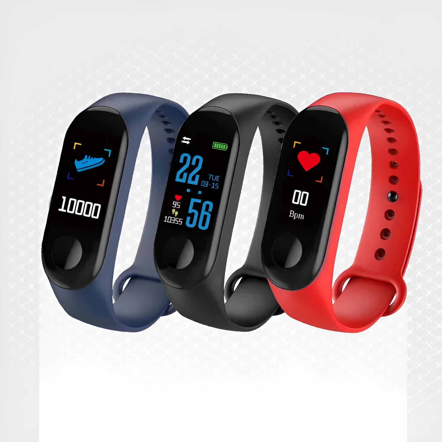 M3 Smart Bracelet with colour screen in black, red, or blue colours on a wrist