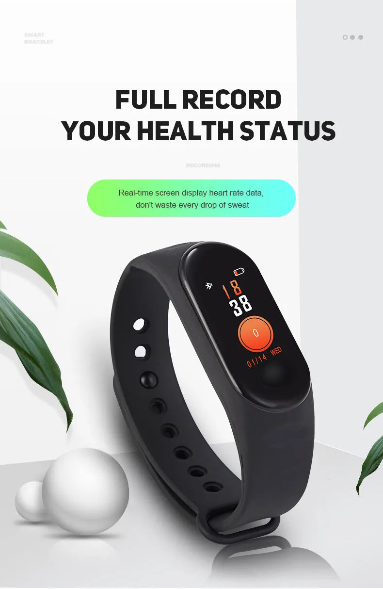 M3 Smart Bracelet with colour screen in black, red, or blue colours on a wrist