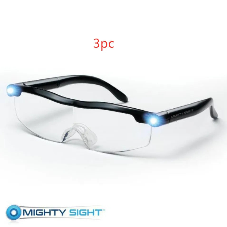 Transparent black reading glasses with integrated LED light in frame