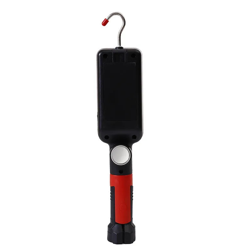 Red portable work light with magnet hook and USB charging port for camping and car maintenance