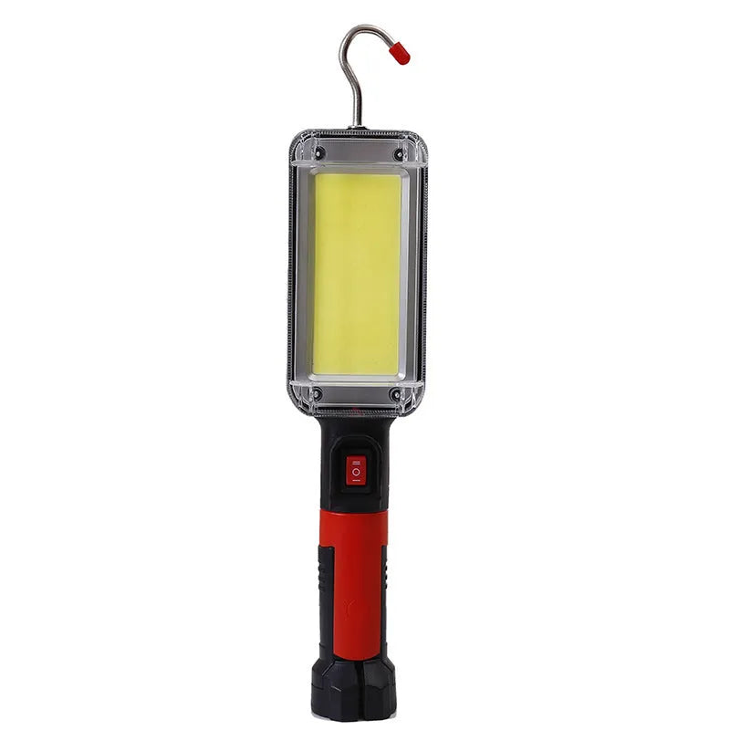 Red portable work light with magnet hook and USB charging port for camping and car maintenance