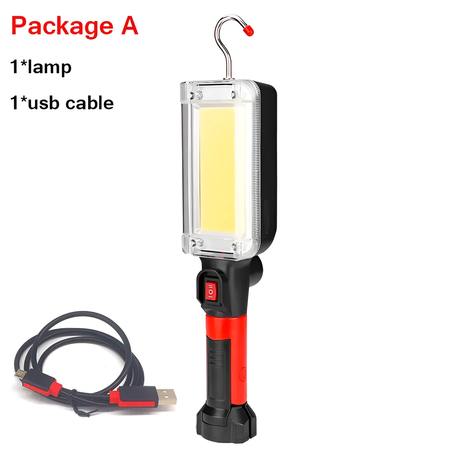 Red portable work light with magnet hook and USB charging port for camping and car maintenance