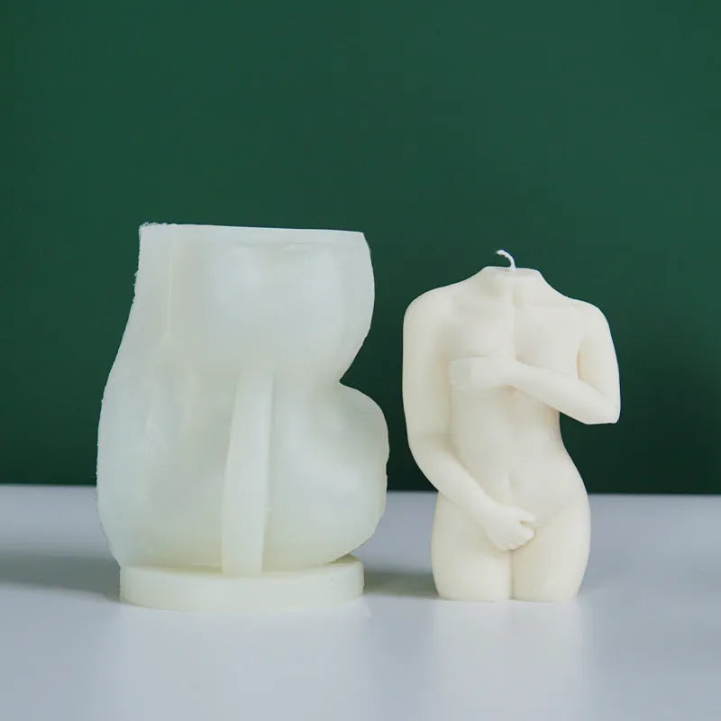 Silicone candle mould shaped like shy female body for creating artistic nude figure candles