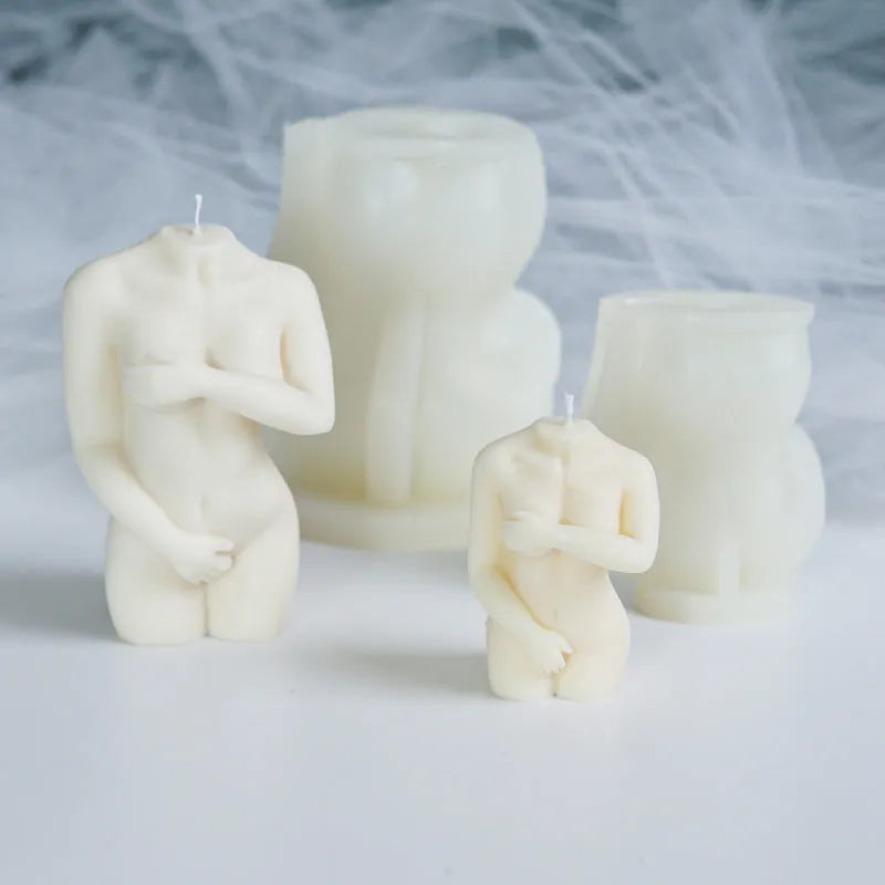 Silicone candle mould shaped like shy female body for creating artistic nude figure candles