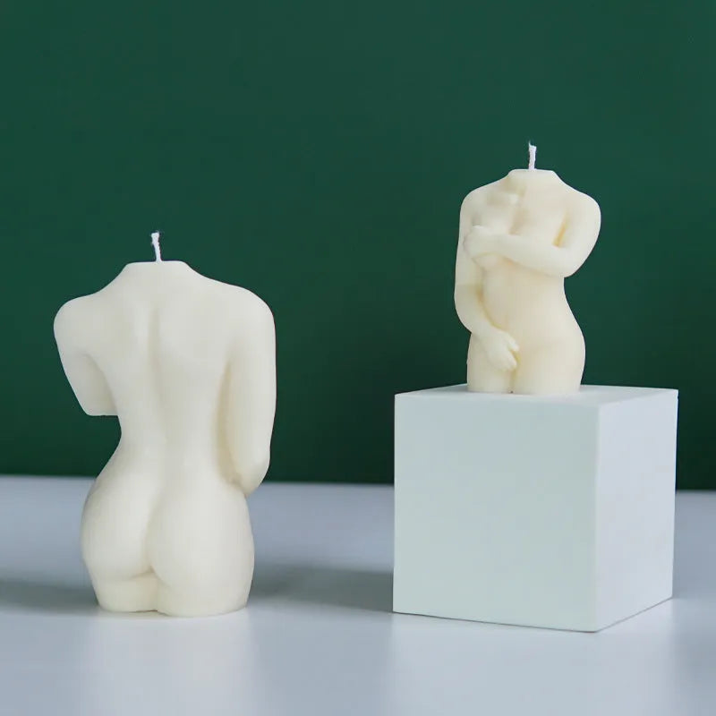Silicone candle mould shaped like shy female body for creating artistic nude figure candles