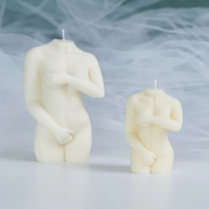 Silicone candle mould shaped like shy female body for creating artistic nude figure candles