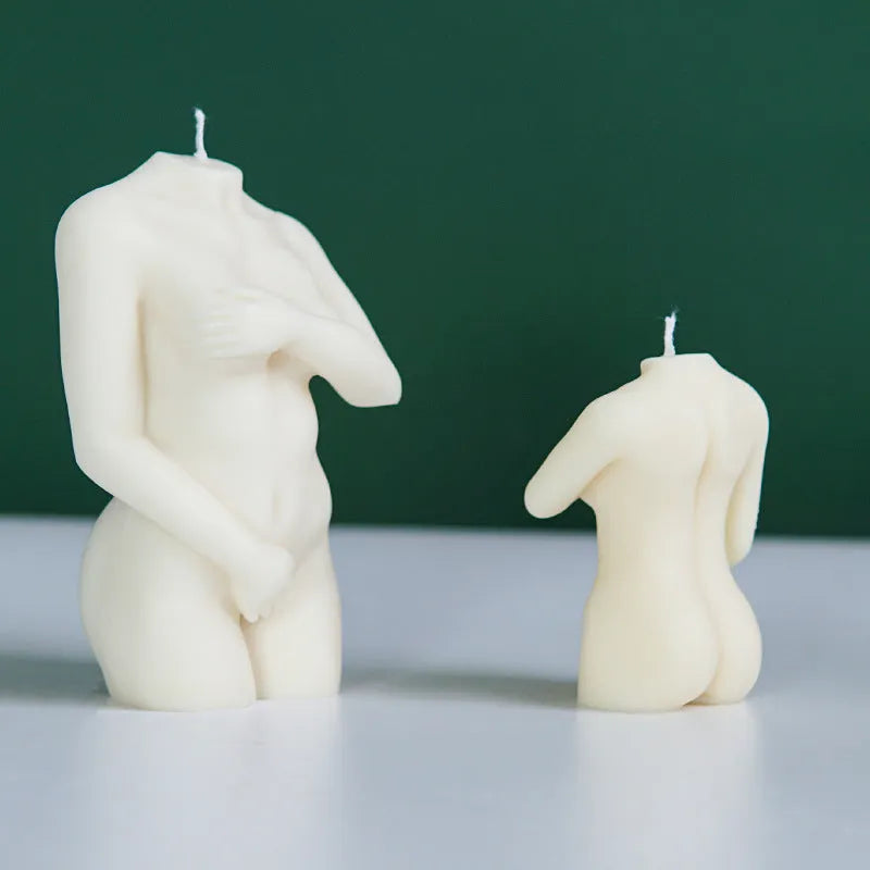 Silicone candle mould shaped like shy female body for creating artistic nude figure candles