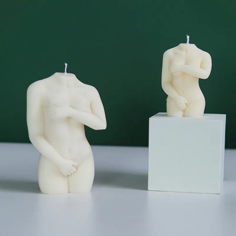 Silicone candle mould shaped like shy female body for creating artistic nude figure candles