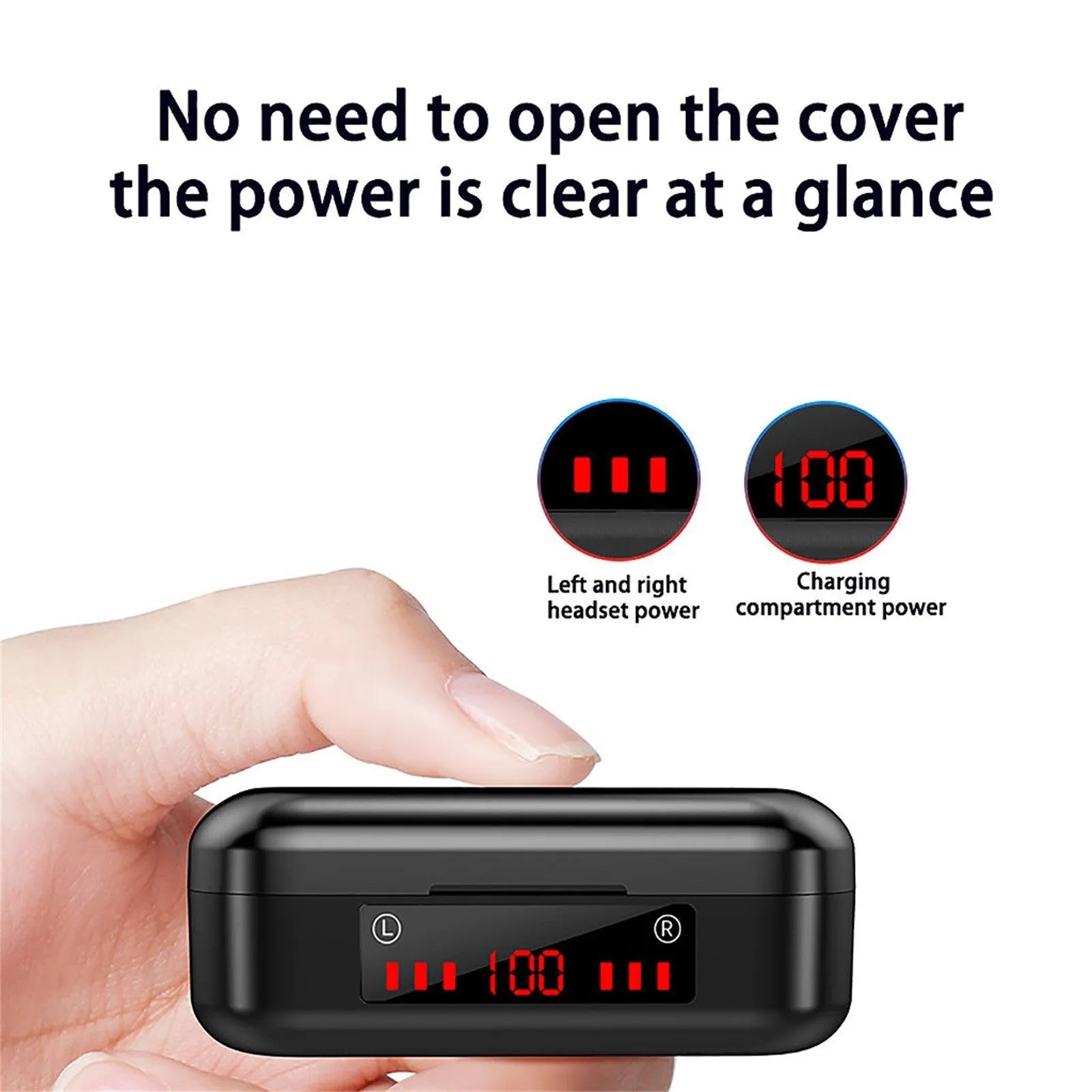 Mini wireless Bluetooth TWS headset in charging case with LED button and silicone ear caps.