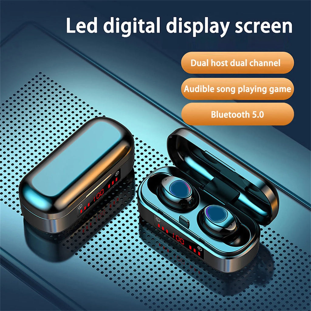 Mini wireless Bluetooth TWS headset in charging case with LED button and silicone ear caps.