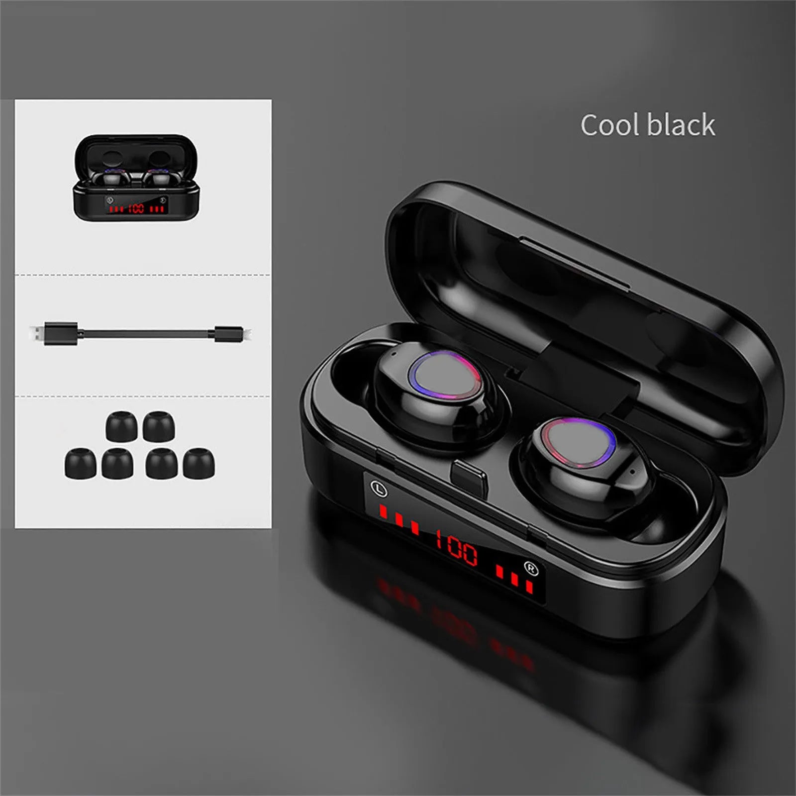 Mini wireless Bluetooth TWS headset in charging case with LED button and silicone ear caps.