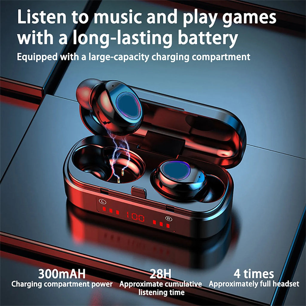 Mini wireless Bluetooth TWS headset in charging case with LED button and silicone ear caps.