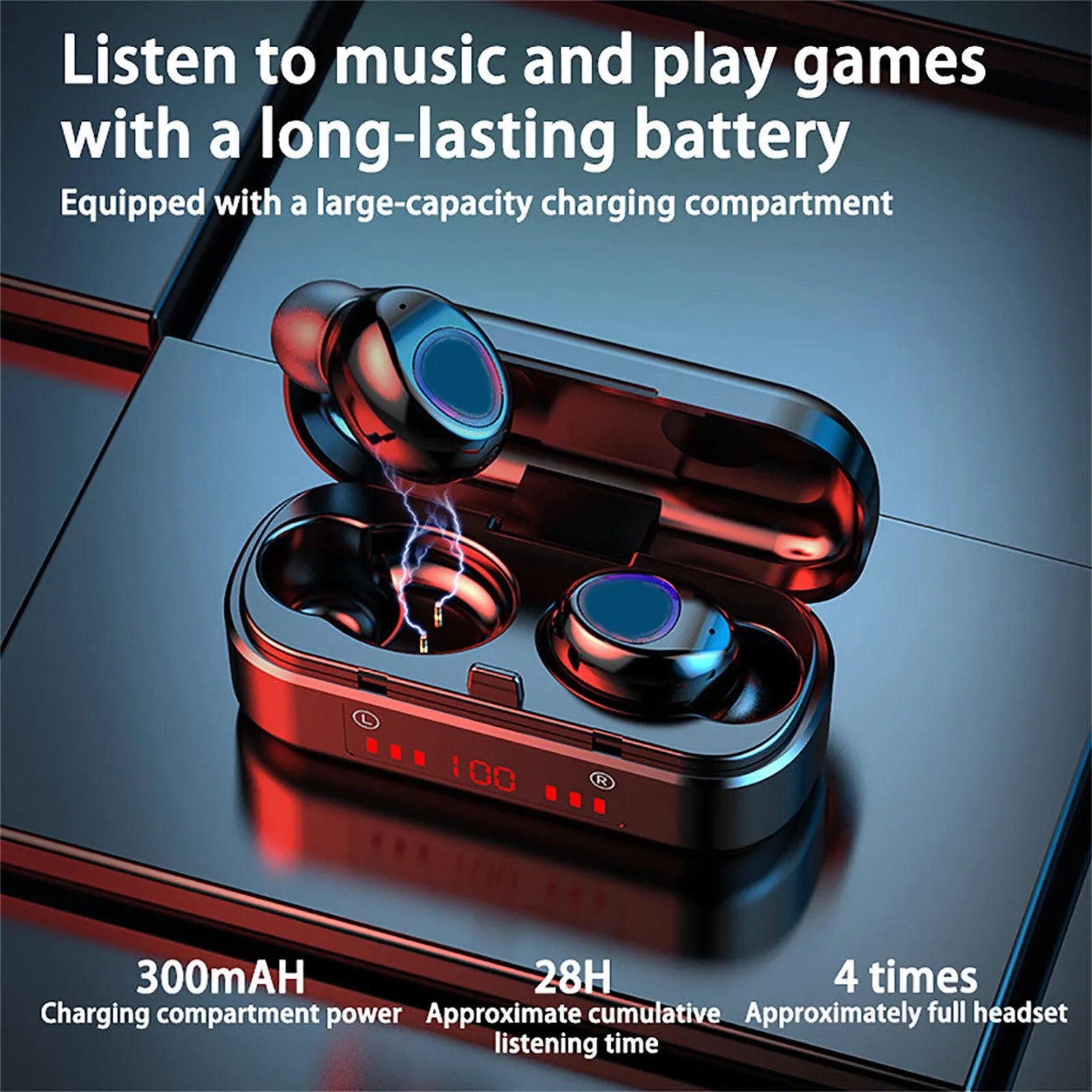 Mini wireless Bluetooth TWS headset in charging case with LED button and silicone ear caps.