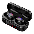 Mini wireless Bluetooth TWS headset in charging case with LED button and silicone ear caps.