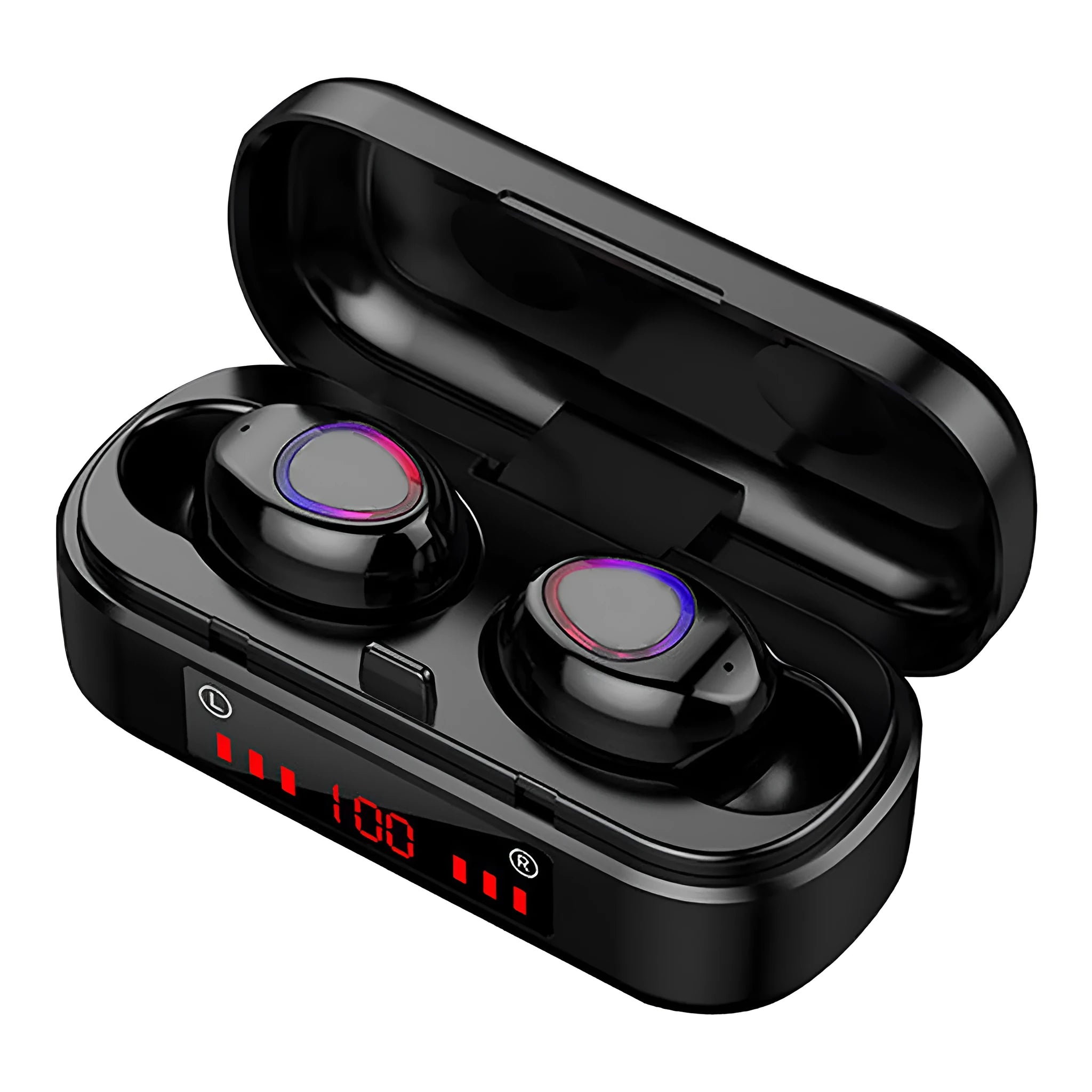 Mini wireless Bluetooth TWS headset in charging case with LED button and silicone ear caps.