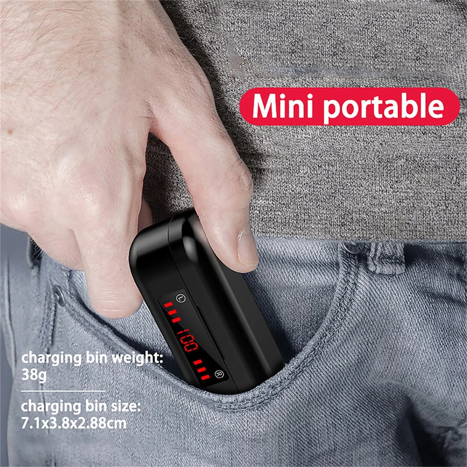 Mini wireless Bluetooth TWS headset in charging case with LED button and silicone ear caps.