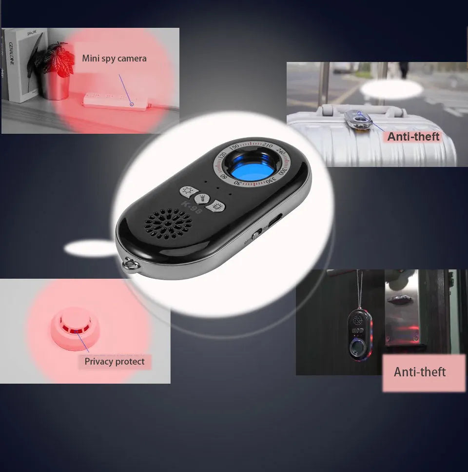 Compact black wireless signal detector with vibration alarm for travel security, shown next to a ruler for scale.