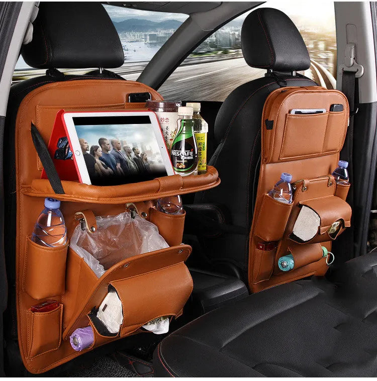 PU leather car seat back storage bag with multiple pockets and trash can function in choice of six colours
