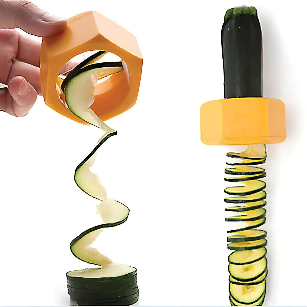Green and yellow plastic spiral vegetable cutter for cucumber slicing with 8cm diameter