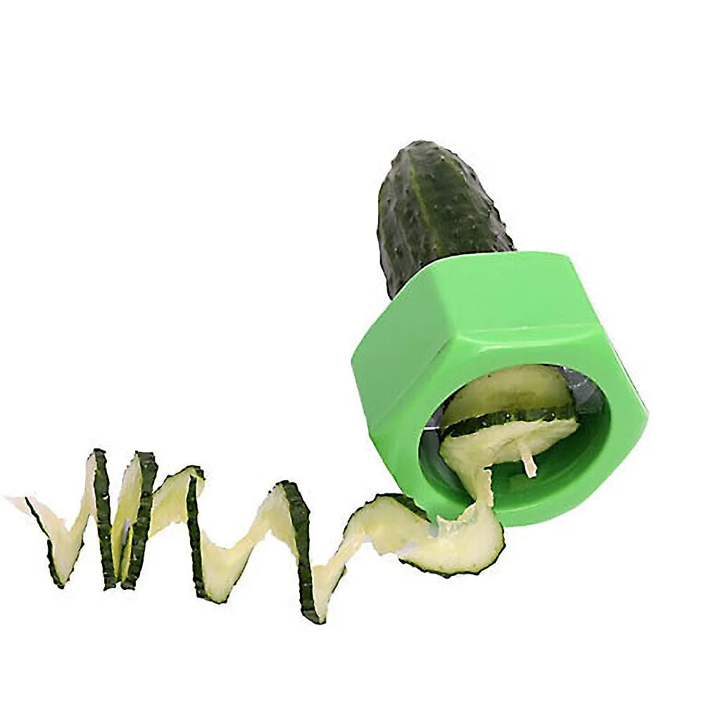 Green and yellow plastic spiral vegetable cutter for cucumber slicing with 8cm diameter