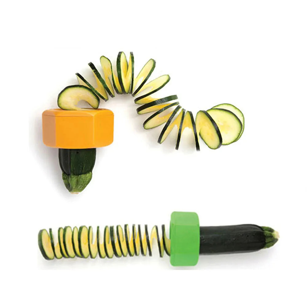 Green and yellow plastic spiral vegetable cutter for cucumber slicing with 8cm diameter