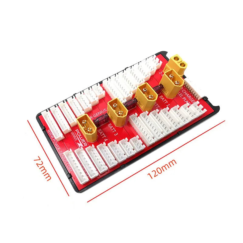 V2 parallel charging board with multiple balance ports and T-plug connectors for charging four LiPo battery packs.
