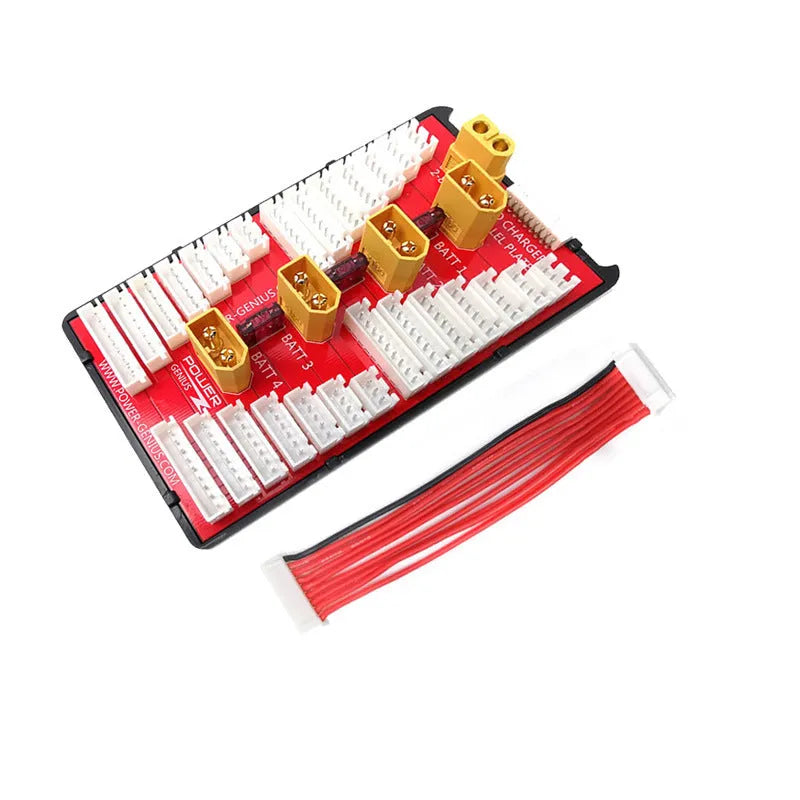 V2 parallel charging board with multiple balance ports and T-plug connectors for charging four LiPo battery packs.