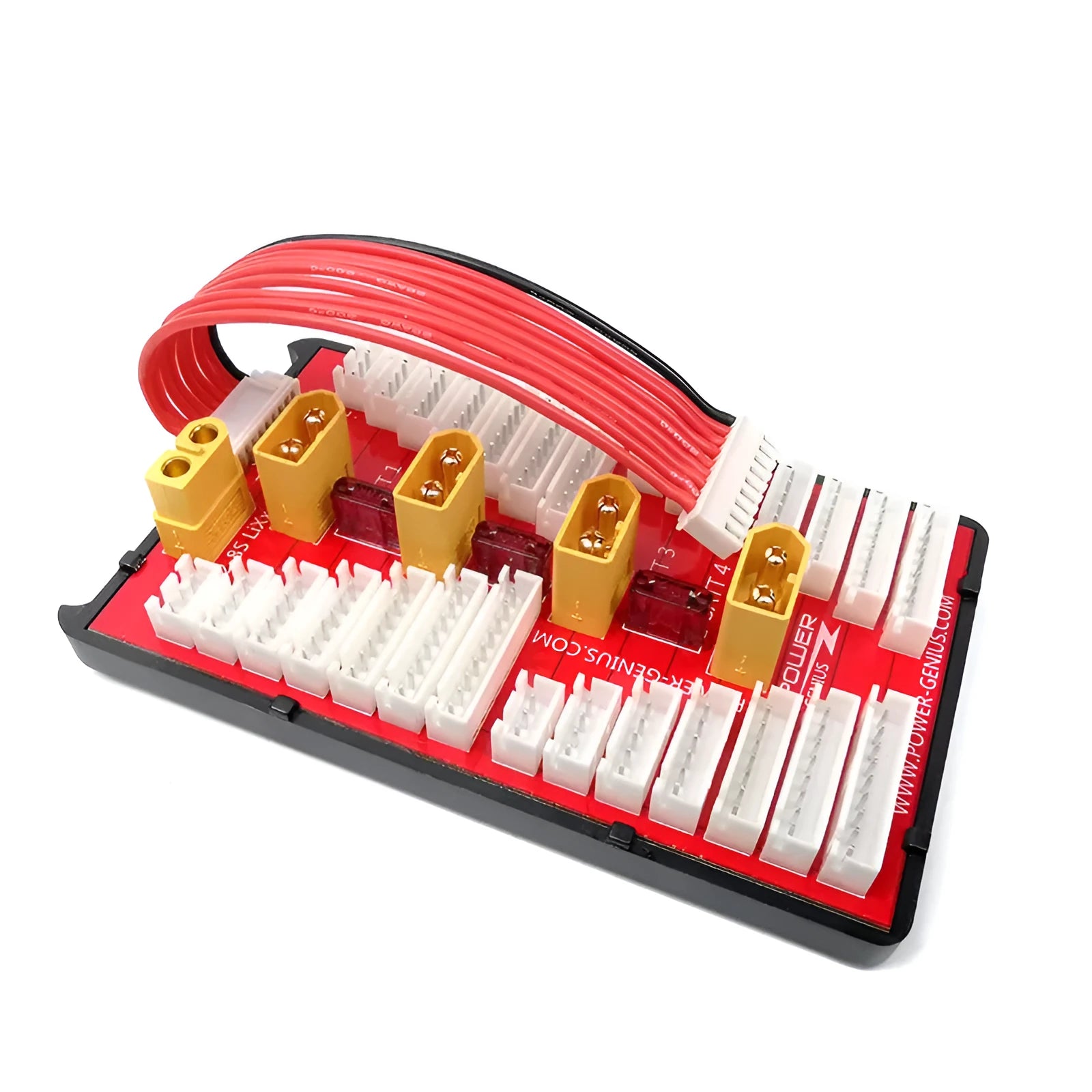 V2 parallel charging board with multiple balance ports and T-plug connectors for charging four LiPo battery packs.