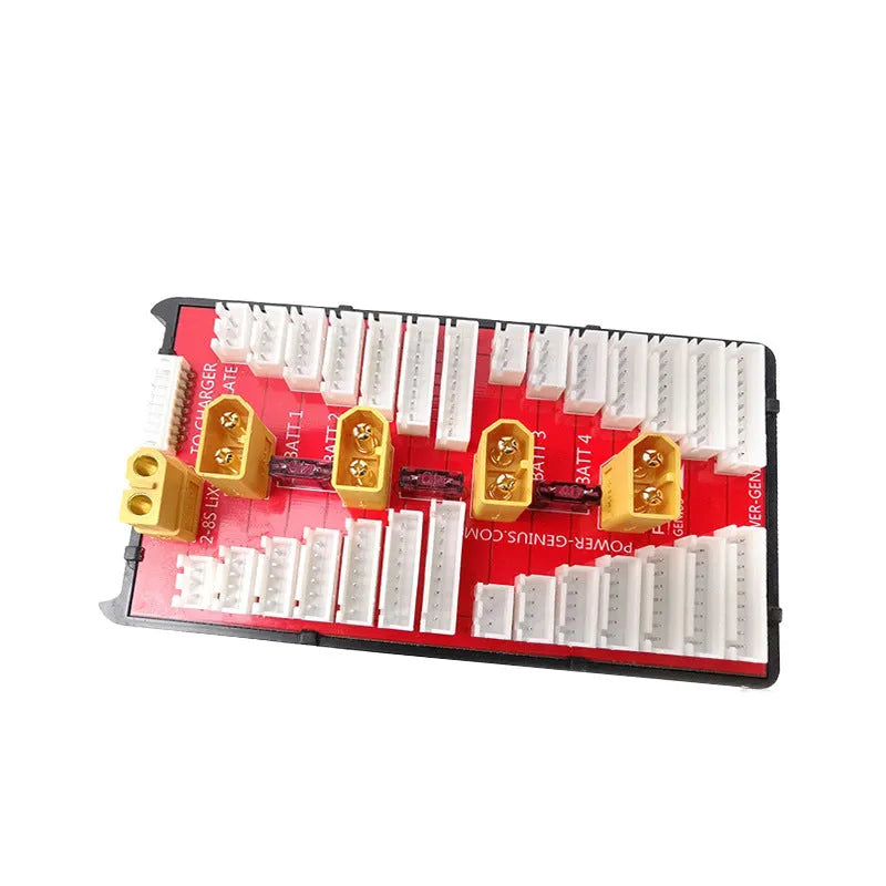 V2 parallel charging board with multiple balance ports and T-plug connectors for charging four LiPo battery packs.