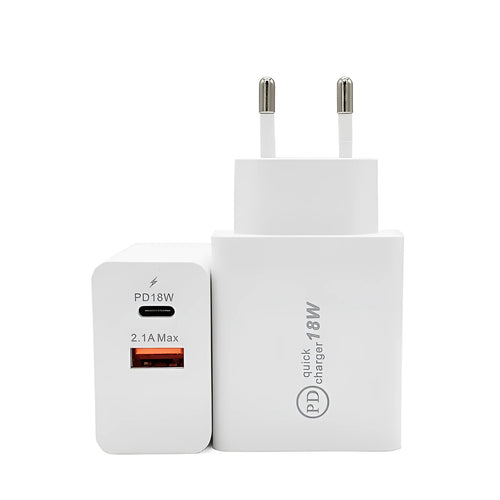 18W USB-C PD fast wall charger in black or white with choice of US or EU plug