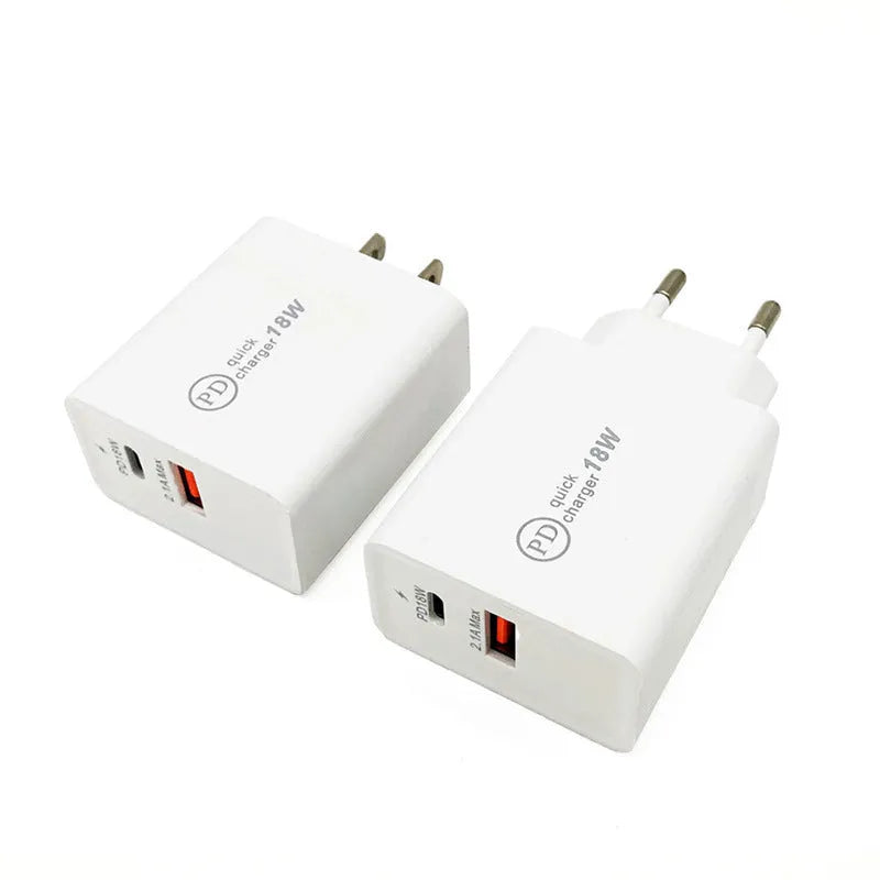 18W USB-C PD fast wall charger in black or white with choice of US or EU plug