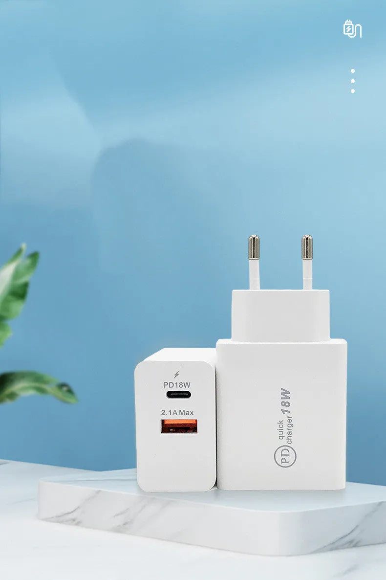 18W USB-C PD fast wall charger in black or white with choice of US or EU plug