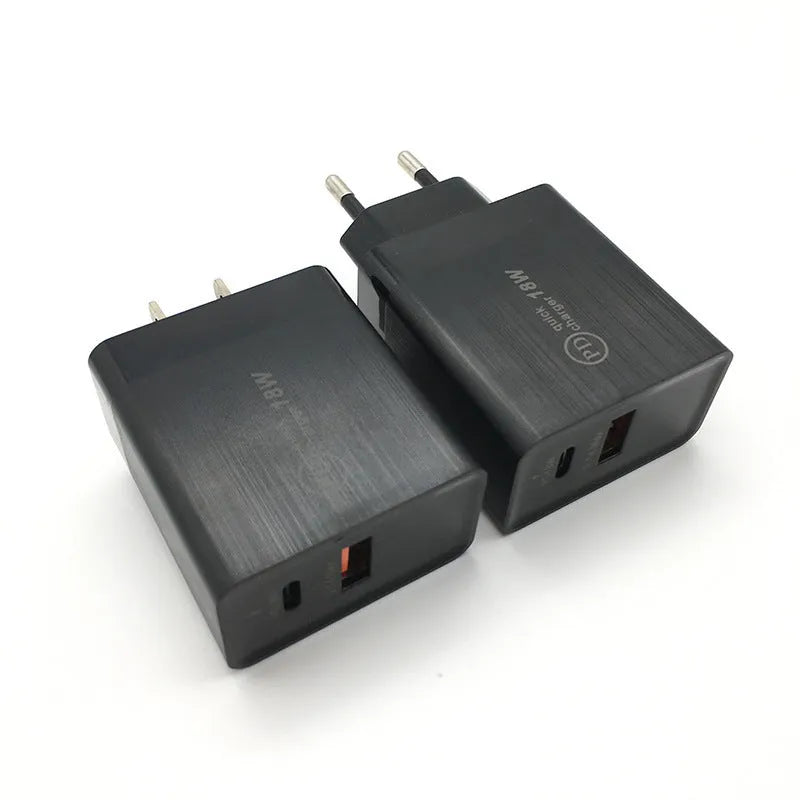 18W USB-C PD fast wall charger in black or white with choice of US or EU plug