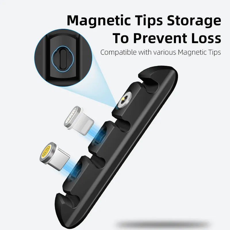 Black soft plastic desktop charging base stand with magnetic data cable organiser