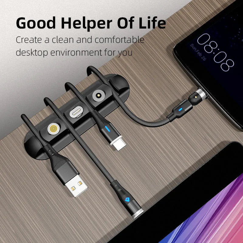 Black soft plastic desktop charging base stand with magnetic data cable organiser